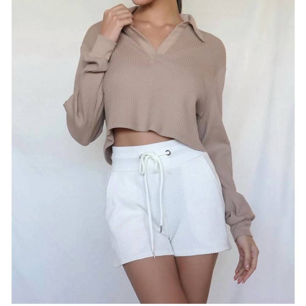 The Range Revolve Jumbo Stark Thermal Long Sleeve Cropped Polo Collared Top